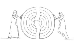 Illustration of arab businessmen pushing a pieces of big target together. Metaphor for business teamwork. Single continuous line art style vector