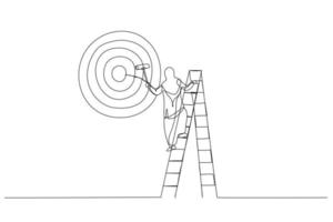 Illustration of ambitious muslim businesswoman on ladder using paint roller to paint big dartboard, archery target. Single line art style vector