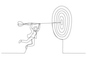 Drawing of business woman flying on the arrow to the target. Concept for business illustration. Continuous line art style vector