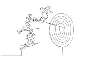 Drawing of businesswomen stand on darts and fly together to the bulls eye. Single continuous line art style vector