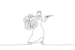 Drawing of confident arab businessman carrying many dartboard target. Metaphor for handling multiple businesses simultaneously, multitasking. Single continuous line art vector