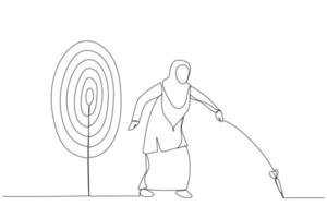 Drawing of businesswoman and target. Continuous line art style vector