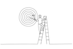 Drawing of ambitious businessman on ladder using paint roller to paint big dartboard, archery target. Single continuous line art vector