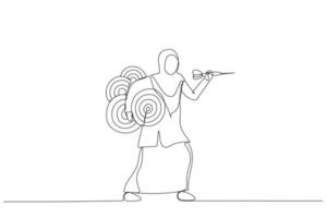 Cartoon of confident businesswoman carrying many dartboard target. Metaphor for handling multiple businesses simultaneously, multitasking. Single line art style vector