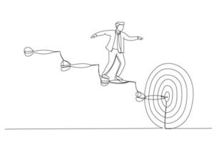 Cartoon of businessman goes up the stairs of arrows to the target. Concept of business path to the goal. Continuous line art vector