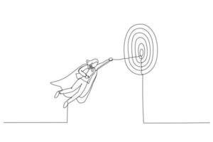 Drawing of businesswoman superhero flying fast through business target. Metaphor for goal achievement, challenge or mission. Single continuous line art style vector