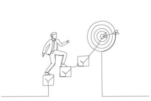 Cartoon of smart businessman walk up checklist as staircase to achieve target. Metaphor for personal development plan for career success. Single continuous line art style vector