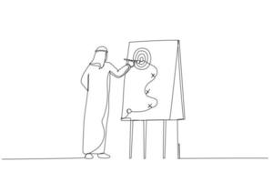 Cartoon of smart arab businessman presenting business winning strategy on whiteboard. Metaphor for business strategy planning, marketing tactic to achieve target. One line style art vector