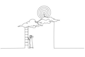 Drawing of hopelessness arab businessman with too short ladder cannot reach target. Metaphor for mistake and error causing business problem and missing goal. Continuous line art style vector