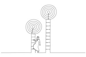 Illustration of smart arab businessman about to climb up ladder to achieve short term goal. Metaphor for focus on short term goal to achieve long term success. Single line art style vector