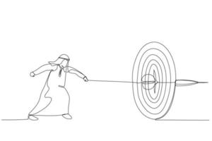 Cartoon of arab businessman runs and throws a spear at a target. Metaphor for purpose, accuracy and skill. One line art style vector