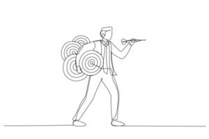 Drawing of confident businessman carrying many dartboard target. Metaphor for handling multiple businesses simultaneously, multitasking. Single line art style vector