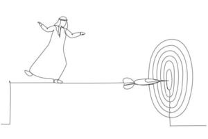 Cartoon of skillful arab businessman acrobat walk on rope to reach bullseye dart target. Metaphor fro challenge to overcome difficulty and achieve business target. One line art style vector