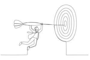 Illustration of business man flying on the arrow to the target. Concept for business illustration. One line style art vector