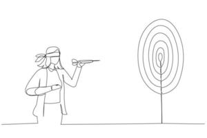 Illustration of confused businesswoman blindfold throwing dart. Metaphor for unclear target or blind business vision, leadership failure. Single continuous line art style vector