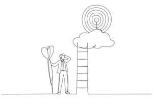 Drawing of ambitious businessman hold dart aim high at target on the cloud. Metaphor for dream big aim high, ambition and challenge. Single continuous line art vector