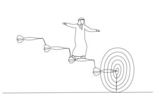 Drawing of arab businessman goes up the stairs of arrows to the target. Concept of business path to the goal. Continuous line art style vector