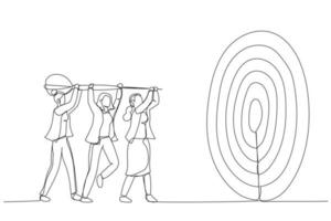 Illustration of businesswoman help holding dart aiming on bullseye target. Metaphor for team goal, teamwork collaboration. Single line art style vector