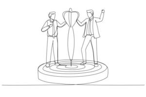 Drawing of business man in a business suit with a dart in his hand.  Concept for achieving goal. Single line art style vector