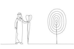 Cartoon of purposeful arab businessman with spear in hand looks at the target. Metaphor for achievement of goal. One line style art vector