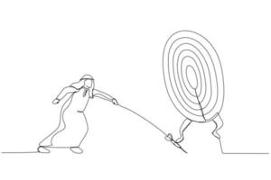 Illustration of arab businessman try to hit a target. Single line art style vector