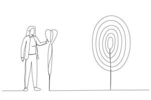 Drawing of purposeful businesswoman with spear in hand looks at the target. Metaphor for achievement of goal. Continuous line art vector