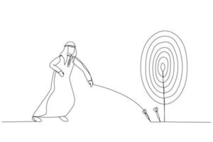 Cartoon of arab businessman try to hit a target. One continuous line art style vector