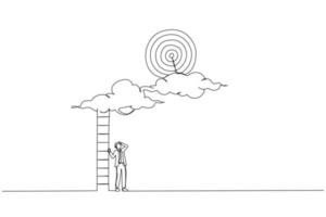 Drawing of hopelessness businessman with too short ladder cannot reach target. Metaphor for mistake and error causing business problem and missing goal. Single line art style vector