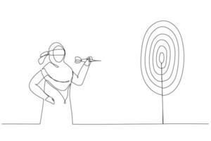 Cartoon of confused businesswoman blindfold throwing dart. Metaphor for unclear target or blind business vision, leadership failure. Single continuous line art vector