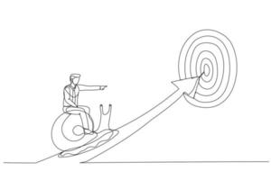 ilustración de un hombre de negocios probado montando un caracol caminando lentamente sobre una flecha para alcanzar el objetivo. metáfora del lento progreso empresarial, la pereza o la procrastinación. estilo de arte de una línea vector