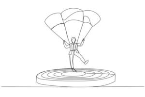 Cartoon of businessman focused on a target with parachute. Continuous line art style vector