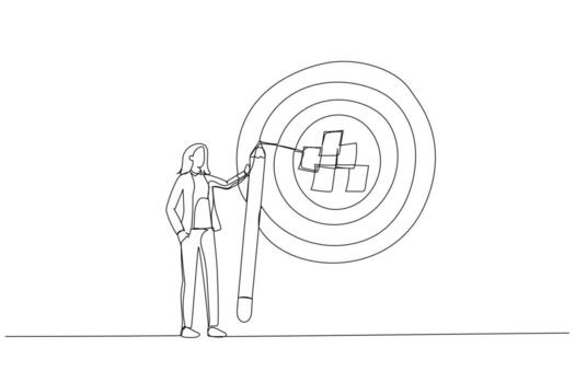 caricatura de una mujer de negocios escribe el objetivo en las notas y ponte un gran objetivo en el tablero de dardos. Metáfora para el establecimiento de metas, objetivo alcanzable o objetivo con propósito. estilo de arte de una línea vector
