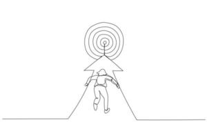 Illustration of businesswoman running to the target. Metaphor for reaching the target. Single continuous line art vector