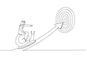 Illustration of tried arab businessman riding snail slow walking on arrow to reach target. Metaphor for slow business progress, laziness or procrastination. Single continuous line art vector