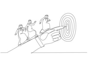 Drawing of arab businessman hand pointing to the target. Single continuous line art vector