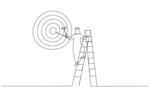 Drawing of ambitious arab businessman on ladder using paint roller to paint big dartboard, archery target. Single continuous line art style vector