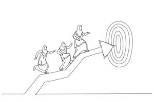 Drawing of muslim business woman coworkers walking up arrow to reach target. Metaphor for team target or achievement, teamwork or leadership. Continuous line art style vector