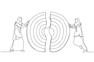 Drawing of muslim businesswomen pushing a pieces of big target together. Metaphor for business teamwork. Continuous line art vector