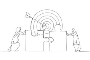 Cartoon of muslim businesswomen connecting puzzle elements. Metaphor for teamwork success target achievement. One line style art vector