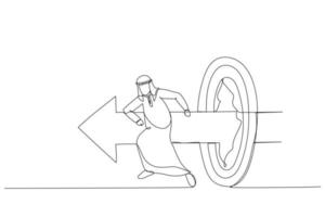 Drawing of arab businessman like superhero running and breaking target archery. Metaphor of success goal and success. Continuous line art style vector