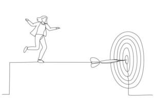 Drawing of skillful businesswoman acrobat walk on rope to reach bullseye dart target. Metaphor fro challenge to overcome difficulty and achieve business target. Single continuous line art style vector