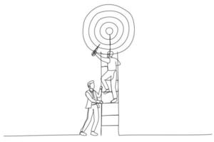 Illustration of businessman climbs a ladder in target. Metaphor for teamwork. One line art style vector