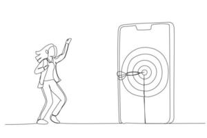 Illustration of businesswoman hit target on mobile with arrow. Single line art style vector