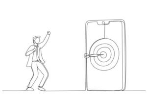 Cartoon of businessman hit target on mobile with arrow. Single continuous line art style vector