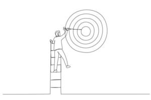 Drawing of businessman climb up ladder high into the sky to aiming for perfect bullseye target dartboard. Metaphor for aspiration to achieve target, business goal. Single line art style vector