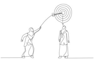 Drawing of businesswoman Throw a Dart Into Target On Customer Mind. One line art style vector