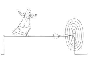 Cartoon of skillful businesswoman acrobat walk on rope to reach bullseye dart target. Metaphor fro challenge to overcome difficulty and achieve business target. Continuous line art vector