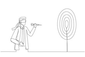 Cartoon of confused businessman blindfold throwing dart. Metaphor for unclear target or blind business vision, leadership failure. Single continuous line art style vector