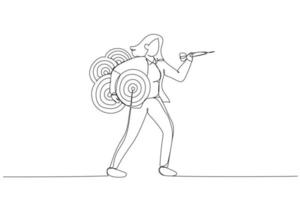 Cartoon of confident businesswoman carrying many dartboard target. Metaphor for handling multiple businesses simultaneously, multitasking. One line style art vector