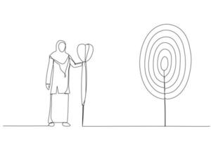 Drawing of purposeful businesswoman with spear in hand looks at the target. Metaphor for achievement of goal. One continuous line art style vector